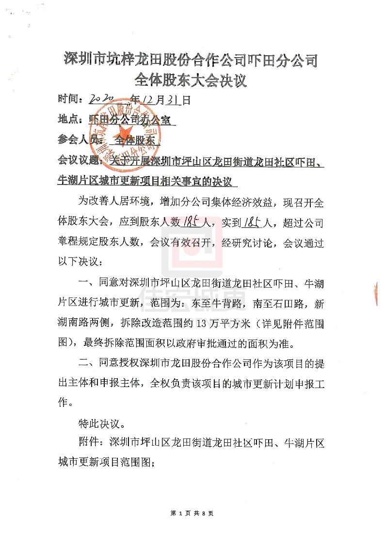 深圳市坑梓龍?zhí)锕煞莺献鞴竟蓶|代表大會 關(guān)于開展嚇田牛湖片區(qū)城市更新項目的決議_3.jpg